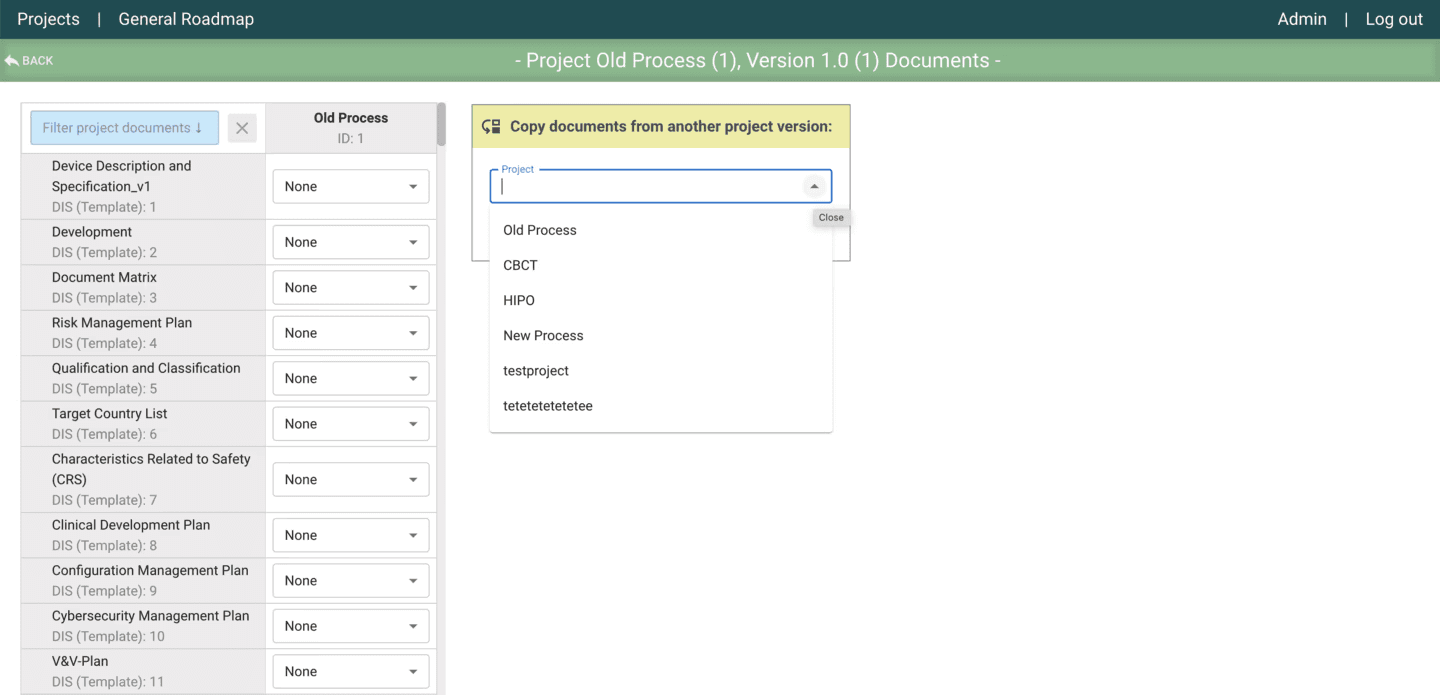 Projects documents administration screenshot