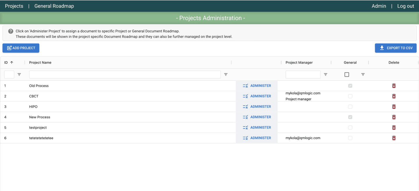 Projects administration screenshot