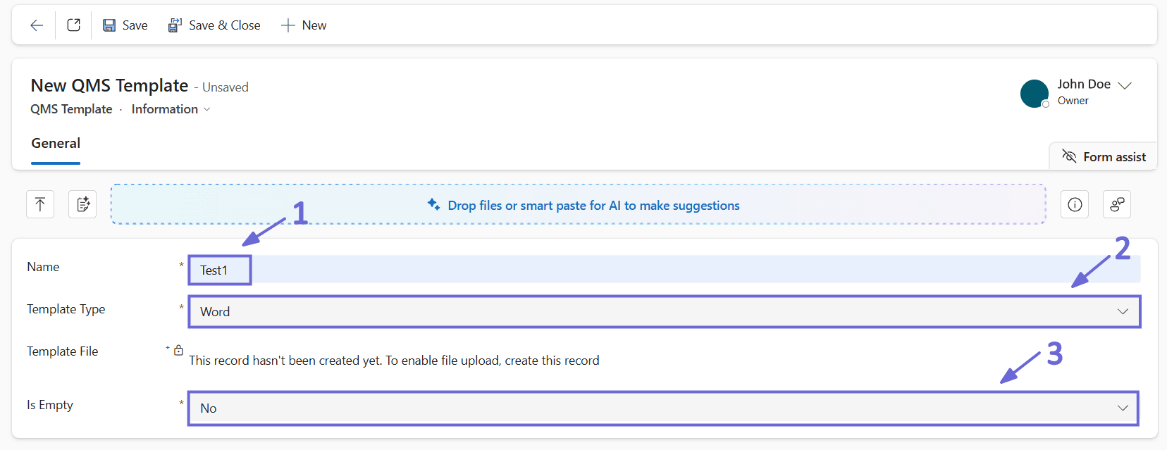 A completed QMS Template form showing the Name, Template Type, and Is Empty fields before saving.