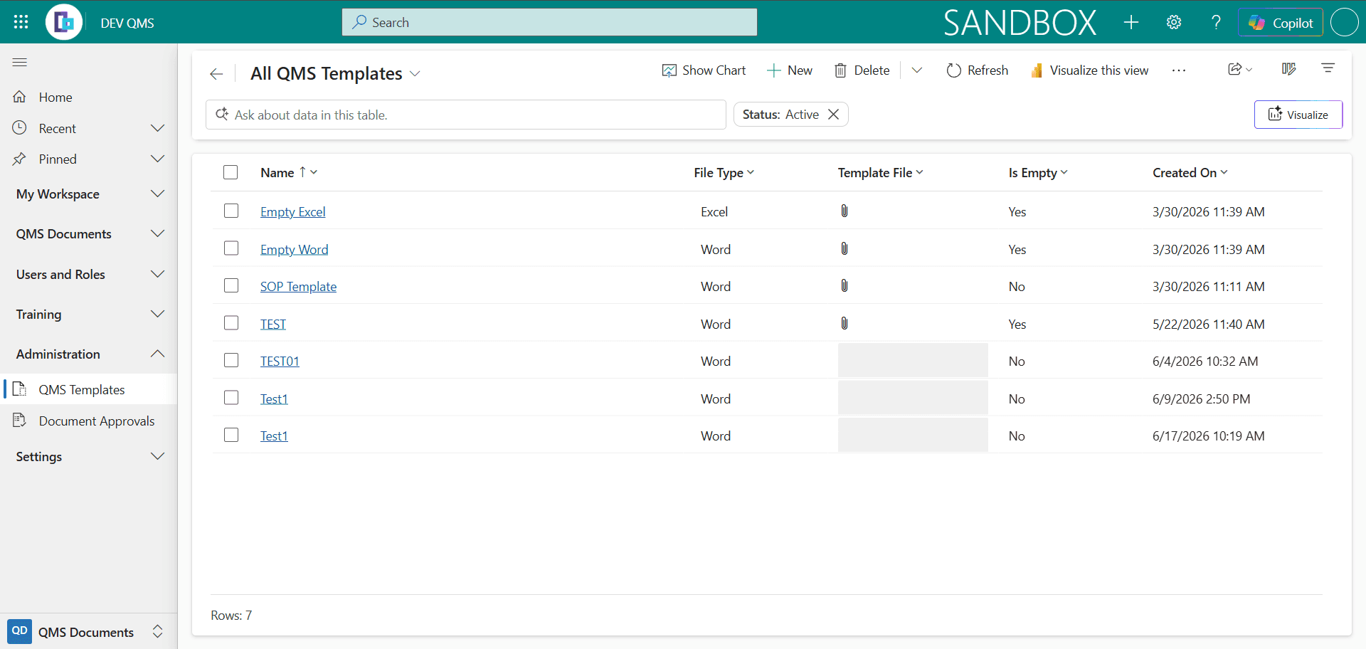 Liste All QMS Templates wiederverwendbarer Standarddateien