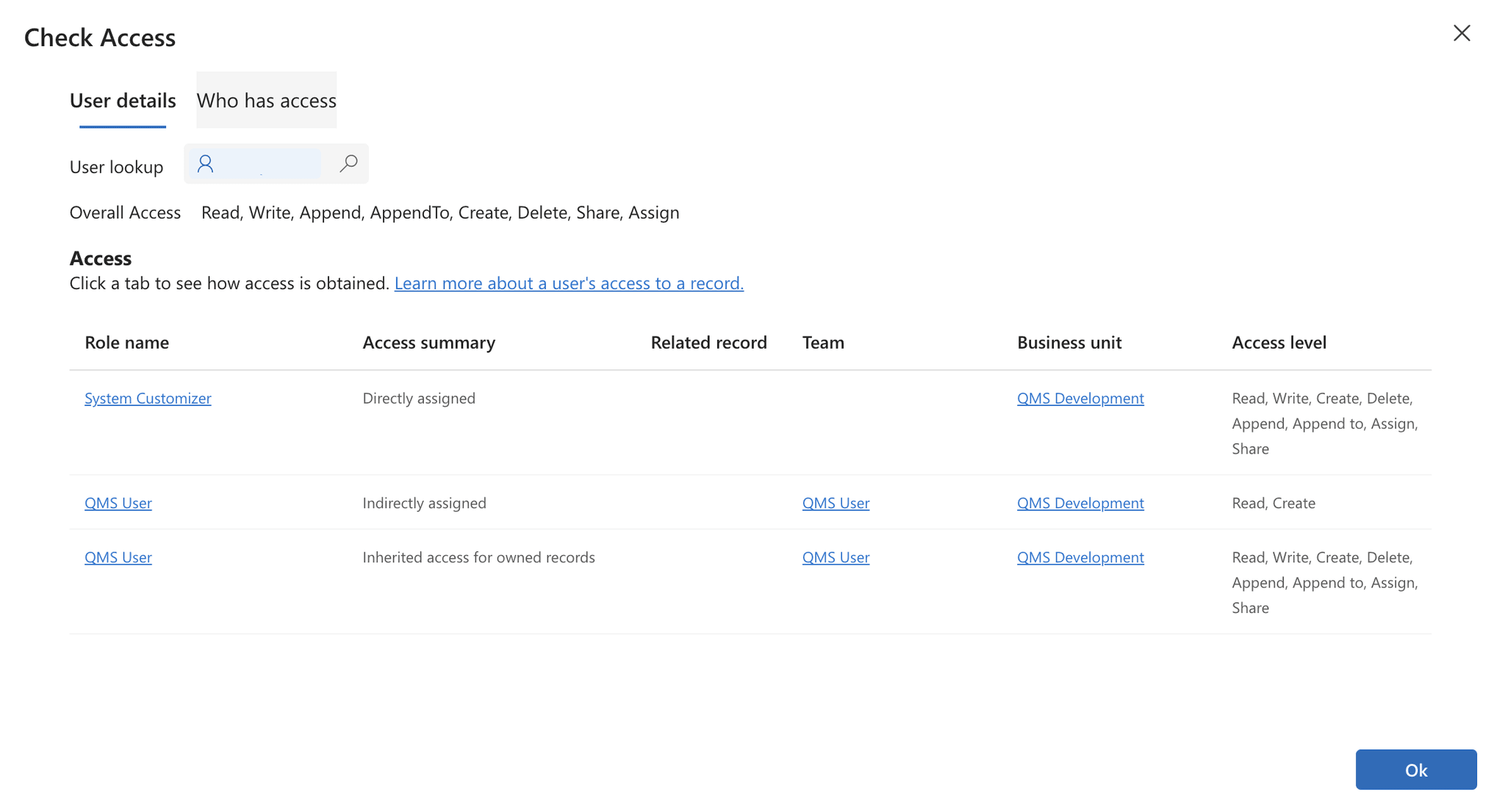 Check Access, onglet User details affichant l'accès d'un utilisateur