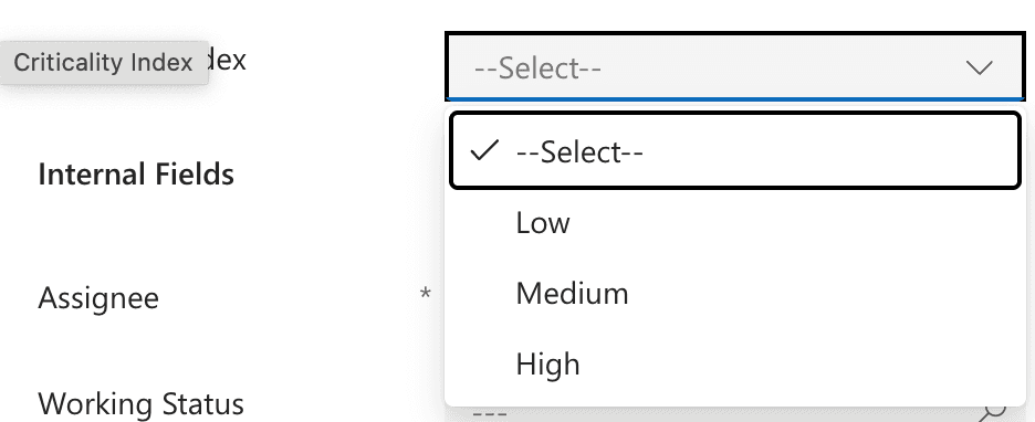 Options de l'indice de criticité : Low, Medium, High