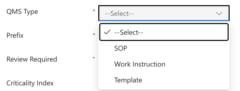 Options du champ QMS Type : SOP, Work Instruction, Template
