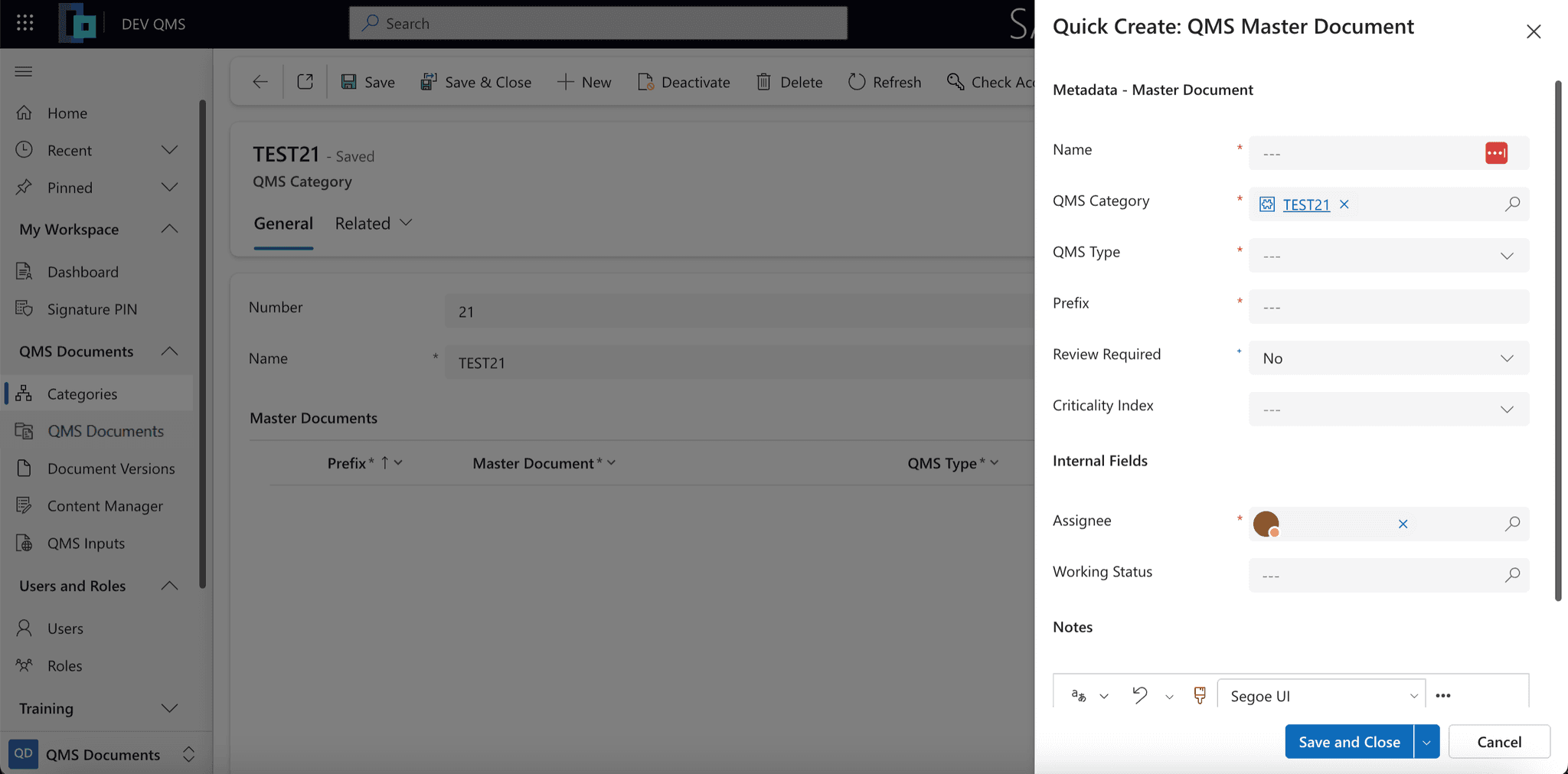 Panneau Quick Create pour ajouter un document maître depuis une catégorie