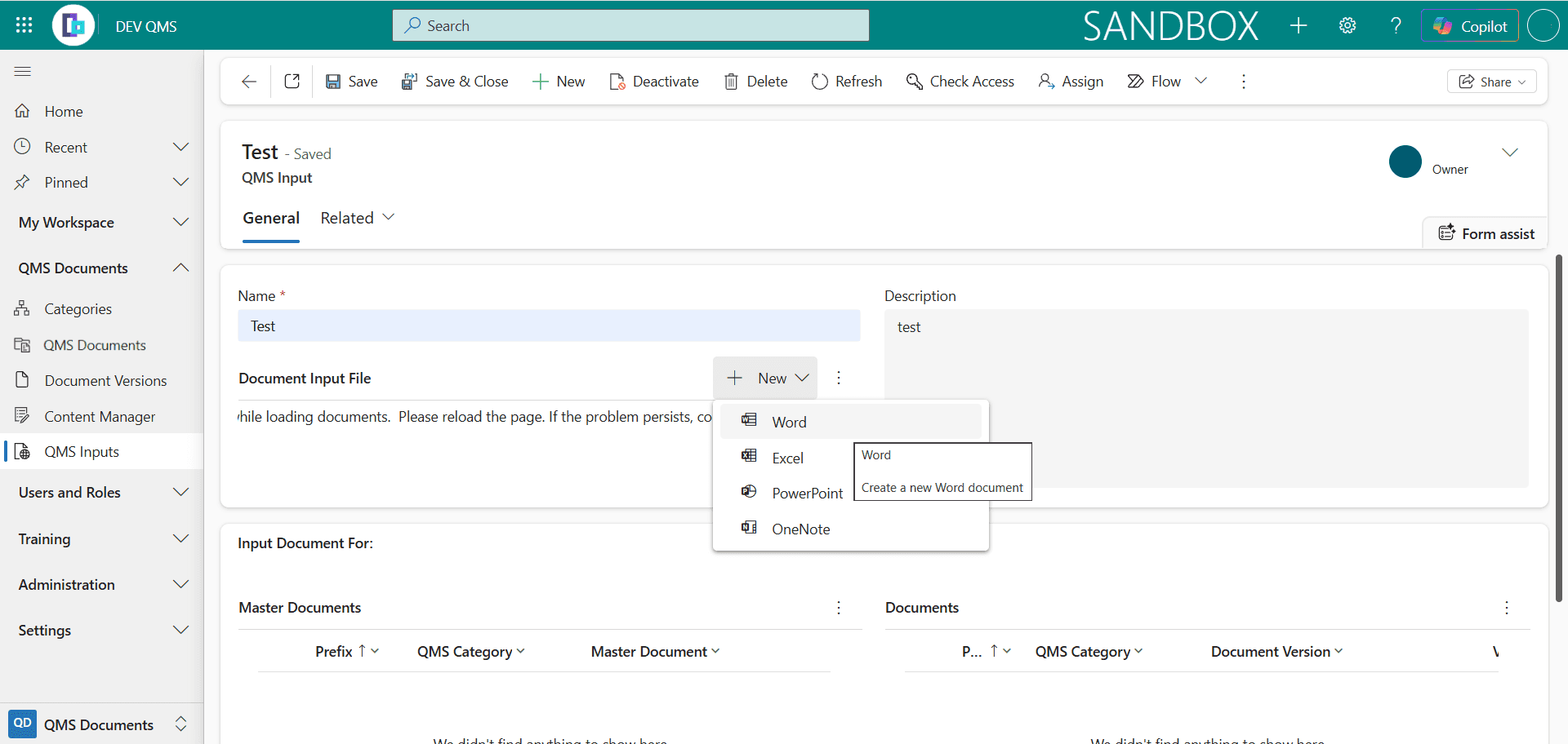 Menu de création de fichier d'une entrée QMS (Word, Excel, PowerPoint, OneNote)