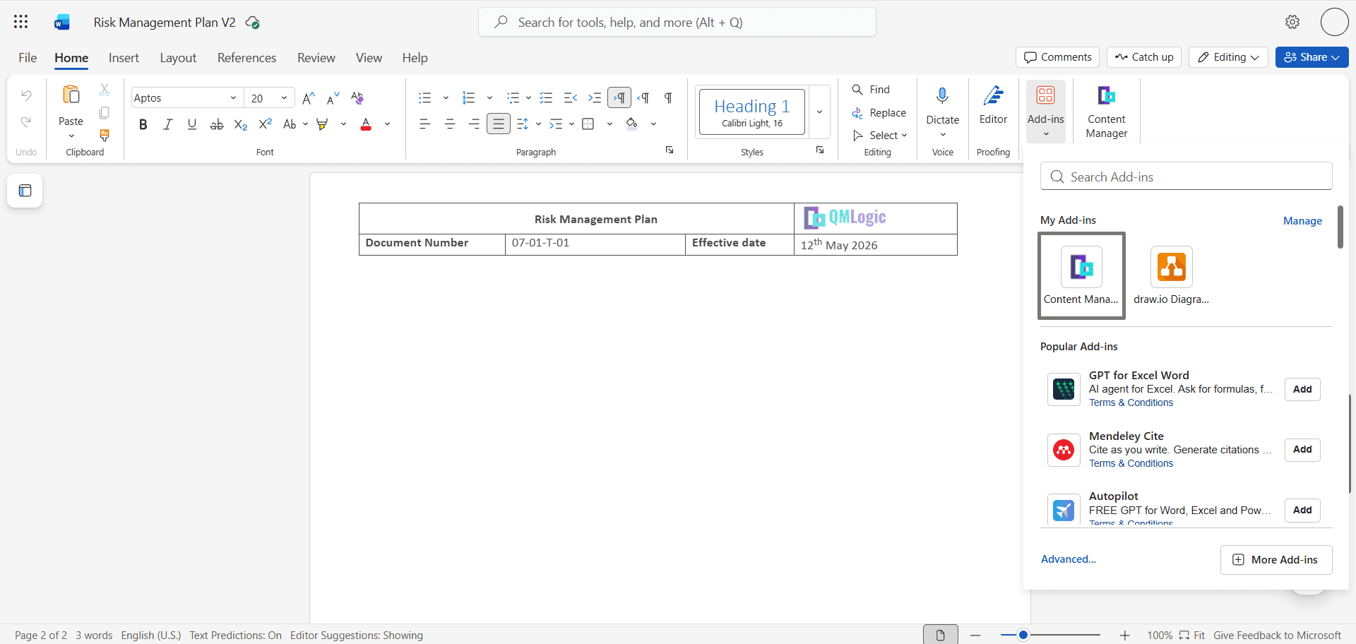 Ouverture du complément Content Manager depuis le ruban Word