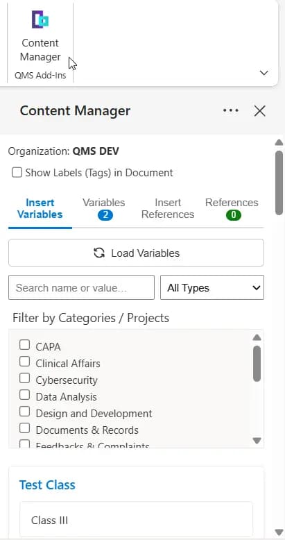 Panneau Content Manager dans Word avec ses quatre onglets