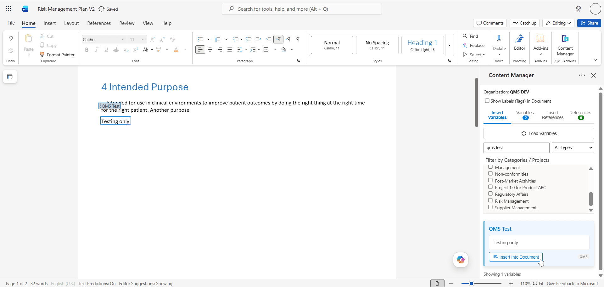 Insertion d'une variable dans un document Word via le panneau