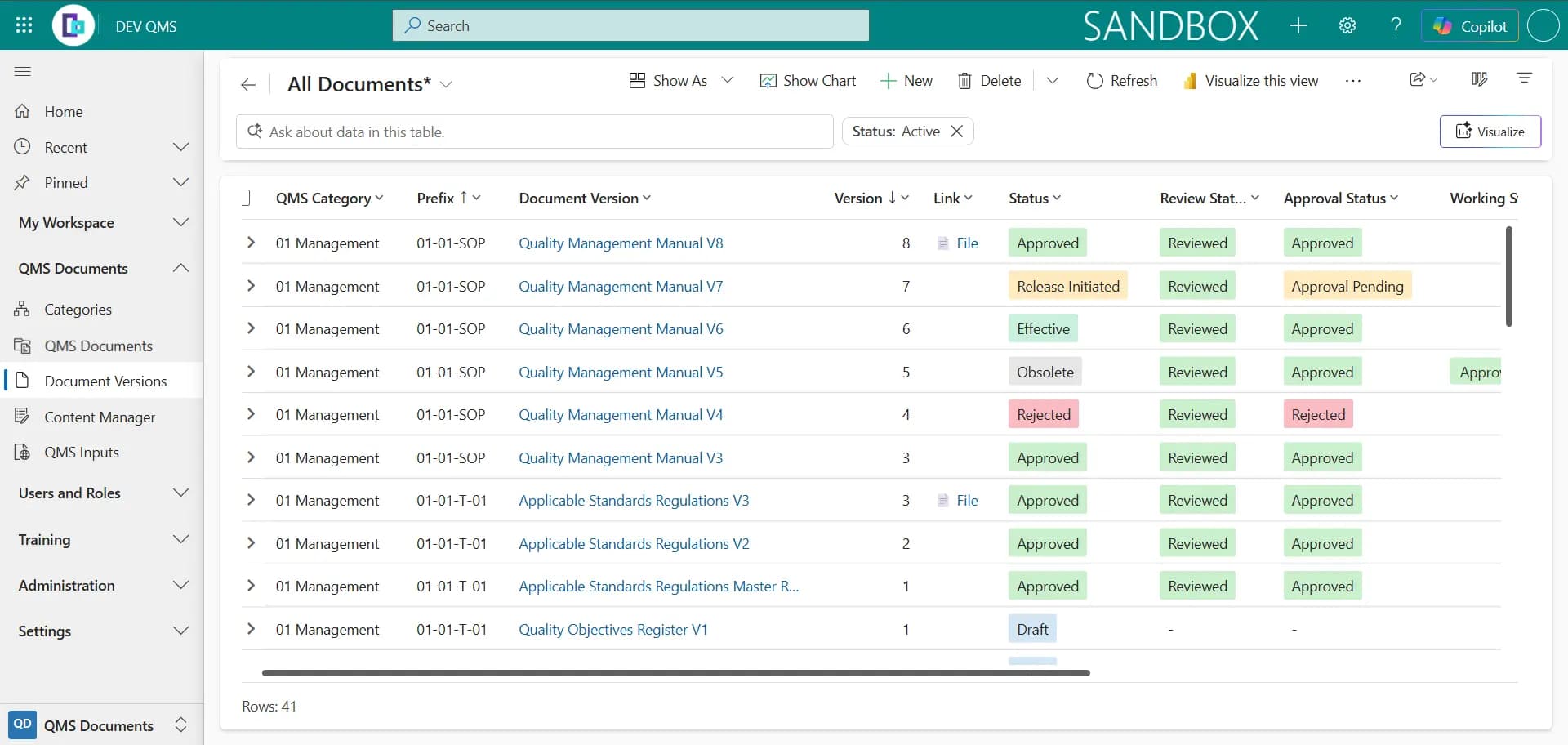 Liste All Documents avec versions, statut et statut d'approbation
