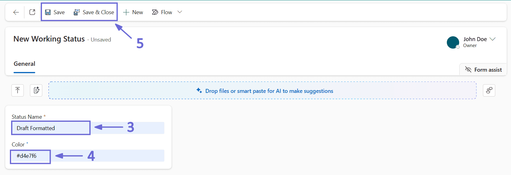 Formular für einen neuen Status mit den Feldern Status Name und Color.
