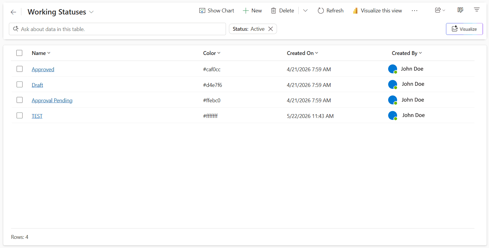 A document version with its Working Status field set, and the status shown in the working status column for the version and the master document.