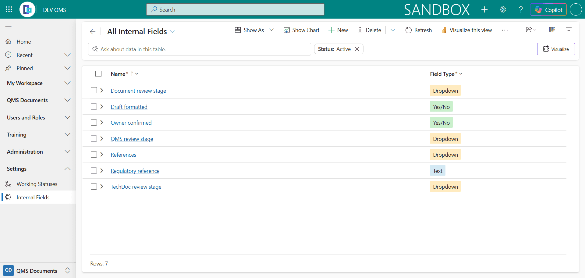 Liste All Internal Fields mit Feldtypen (Dropdown, Yes/No, Text)