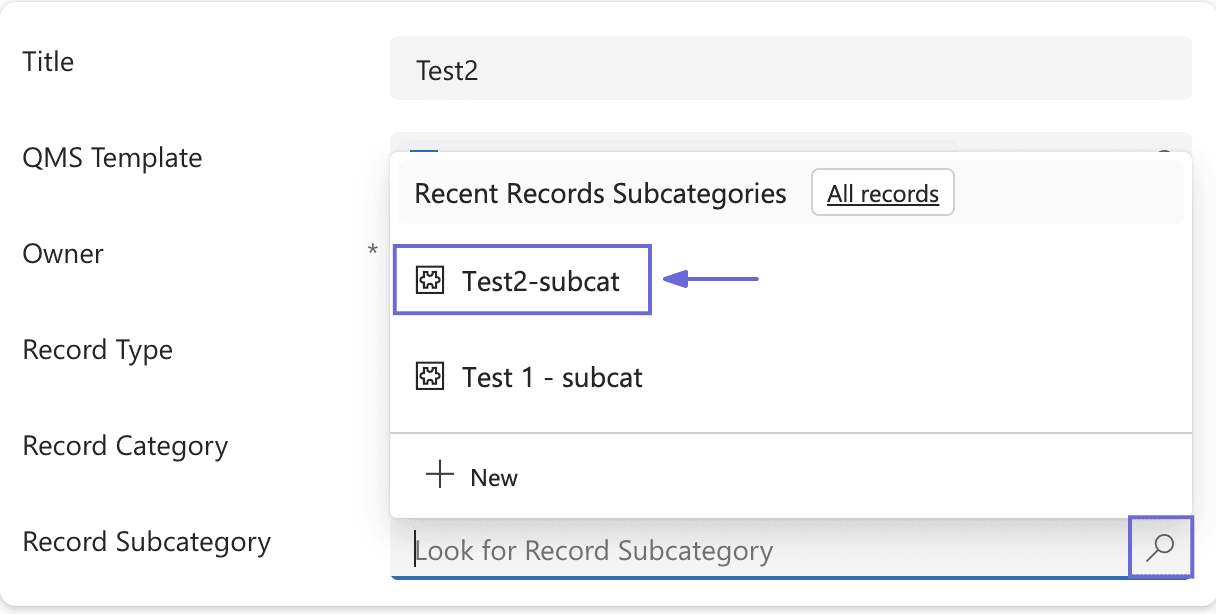 Le champ de recherche Record Subcategory ouvert, disponible uniquement après la sélection d'une catégorie.