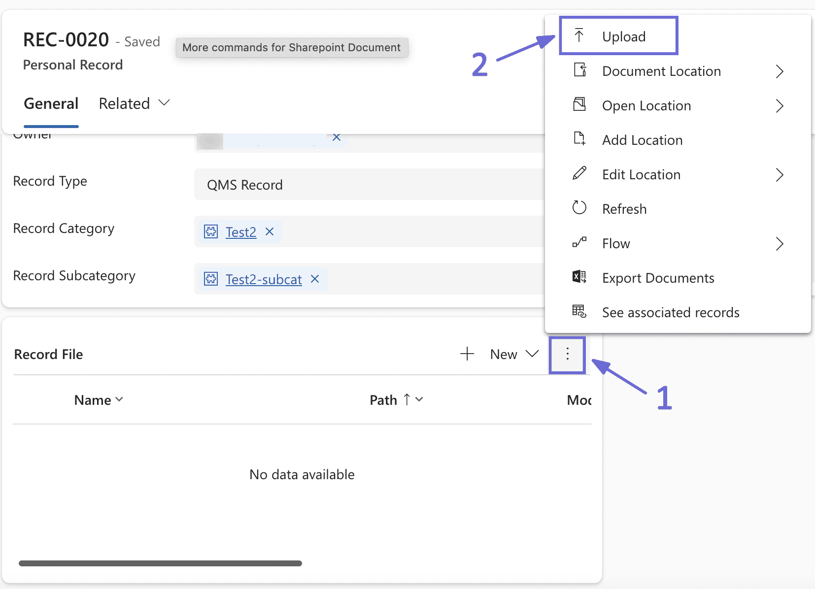 Le menu des commandes supplémentaires de la zone Record File avec l'option Upload.