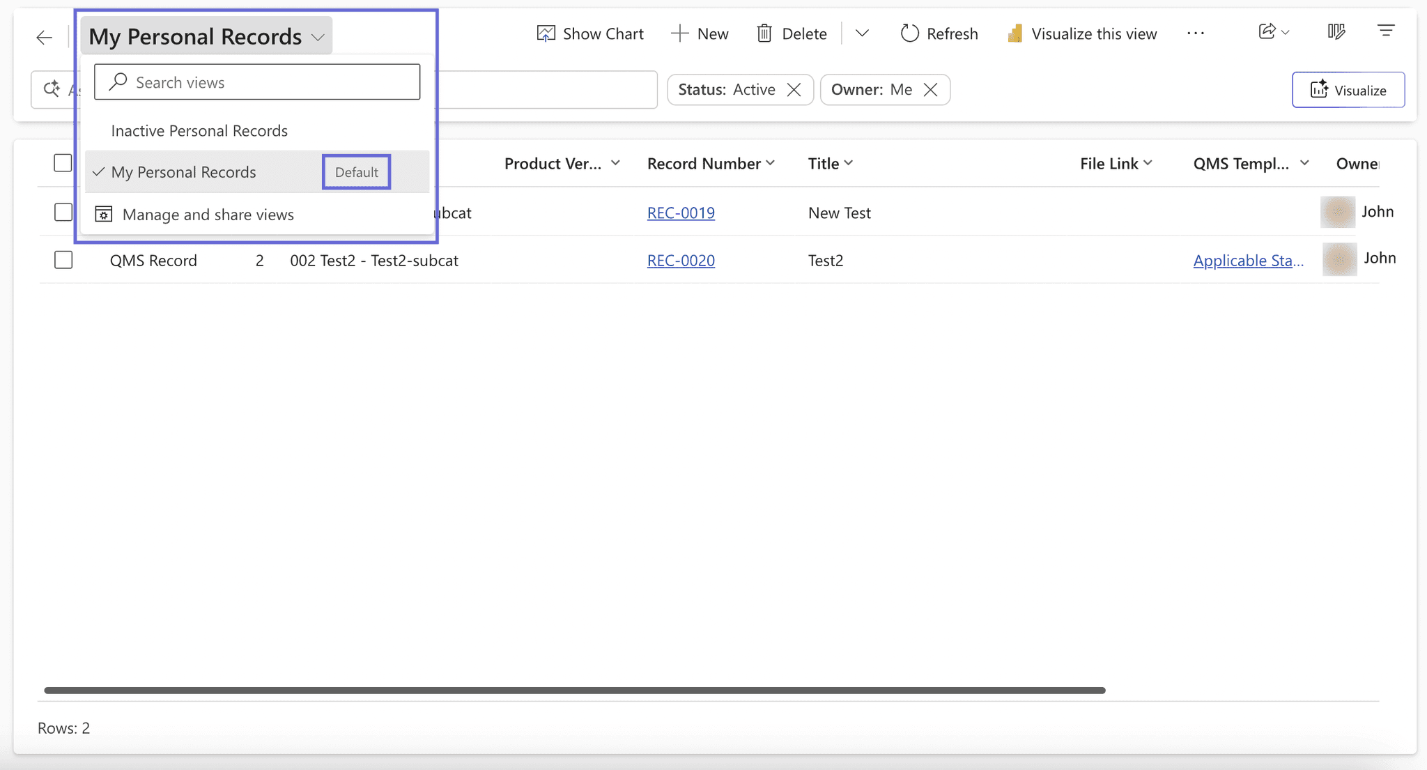 Le sélecteur de vue des enregistrements personnels ouvert, listant My Personal Records et Inactive Personal Records.