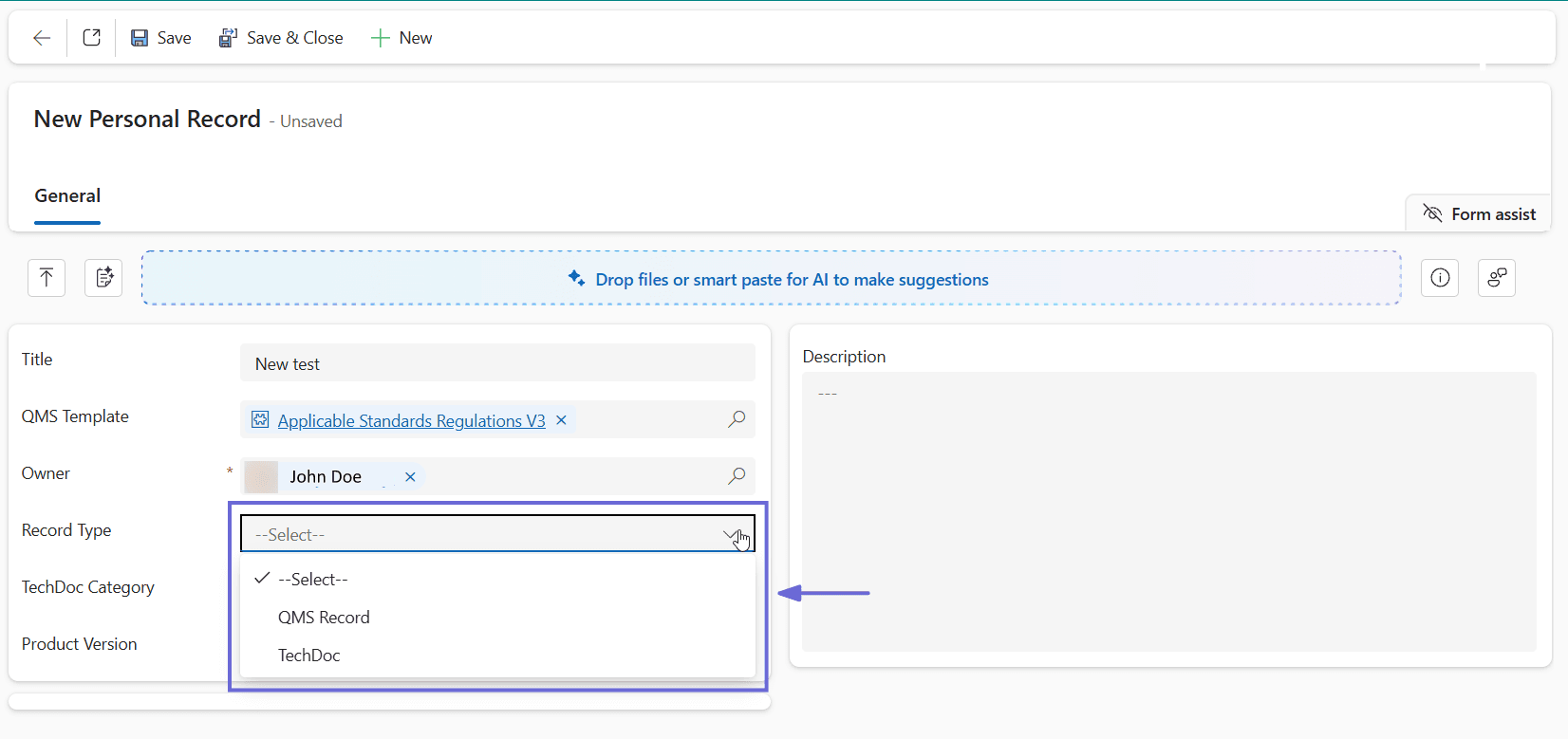 Un formulaire New Personal Record affichant les options de Record Type : QMS Record et TechDoc.