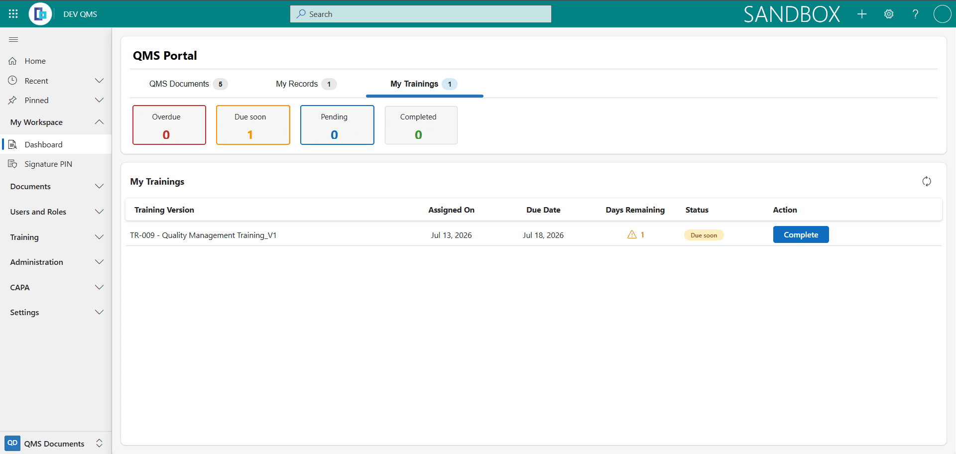The My Trainings list on the Dashboard, summarised by the Overdue, Due soon, Pending and Completed cards, with each training showing its prefix, document version, category, type, assigned and due dates, days remaining and status, alongside Complete and Open File actions.