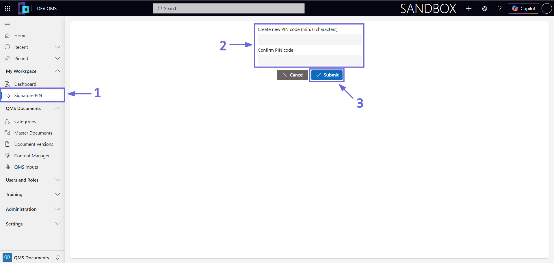 The Signature PIN screen as first set up, with a Create new PIN code field, a Confirm PIN code field and a Submit button.