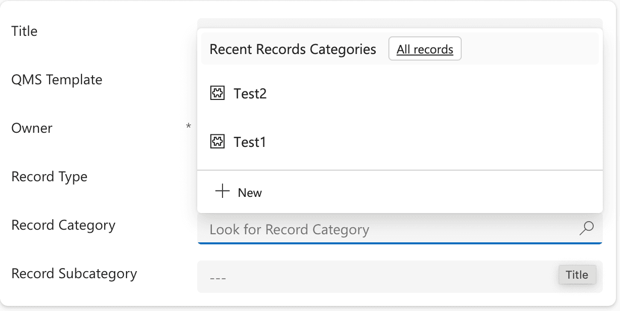 Das geöffnete Nachschlagefeld Record Category