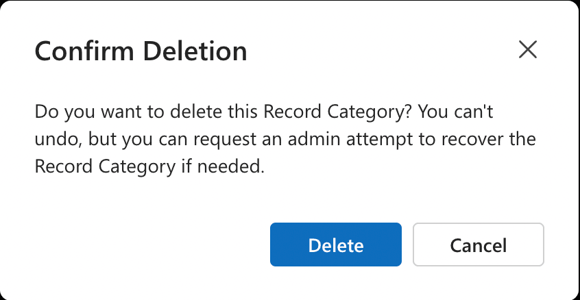 Der Dialog Confirm Deletion mit dem Hinweis, dass das Löschen einer Aufzeichnungskategorie nicht rückgängig gemacht werden kann.