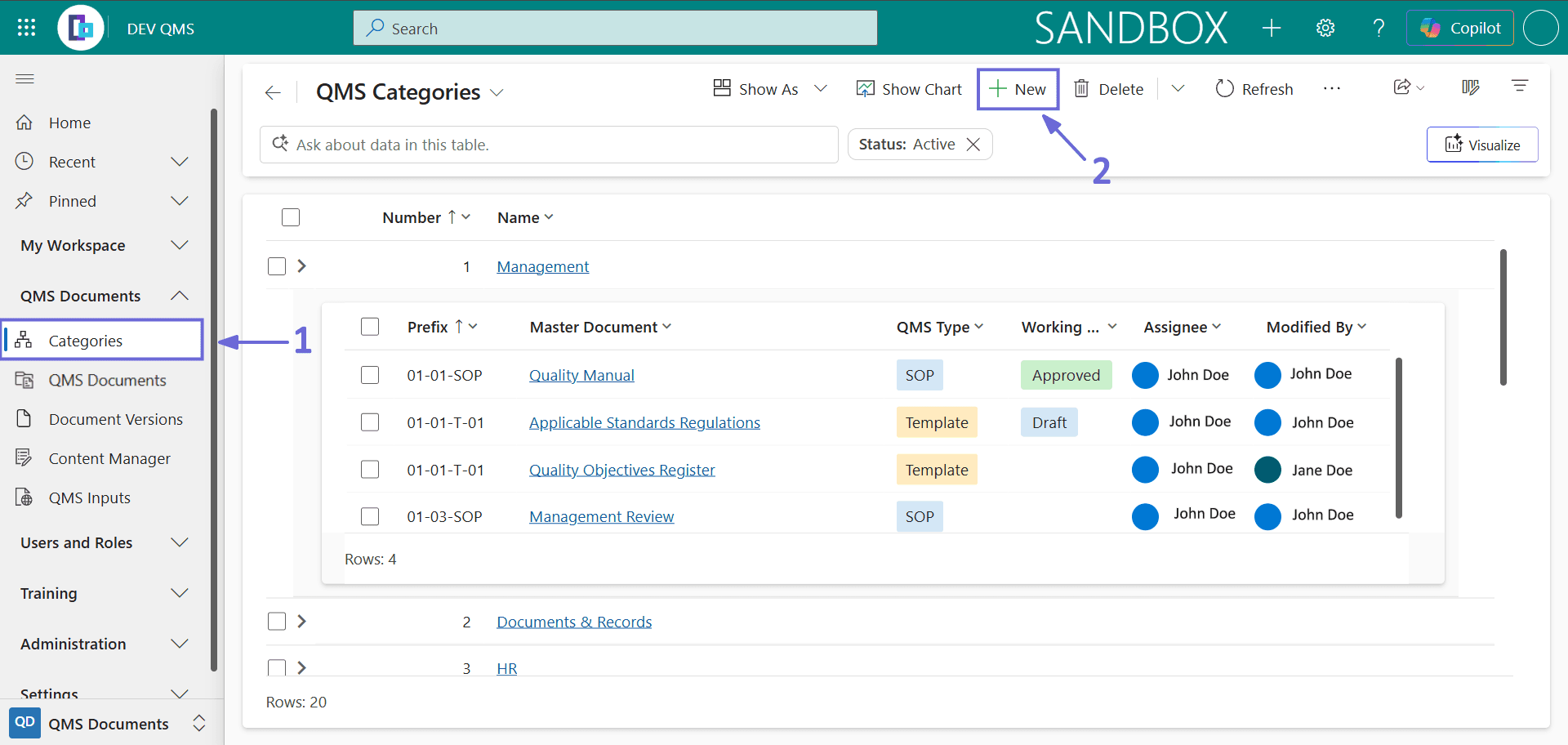 New command on the QMS Categories list for creating a category.