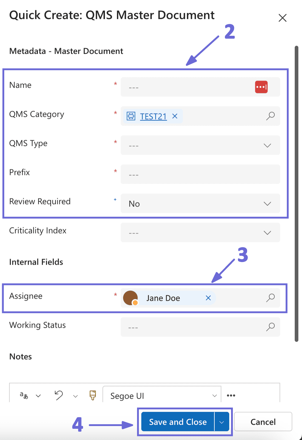 The Quick Create panel for a new QMS Master Document, opened from a category with QMS Category already set, showing the Name, QMS Type, Prefix, Criticality Index, Assignee, Working Status and Notes fields above Save and Close.