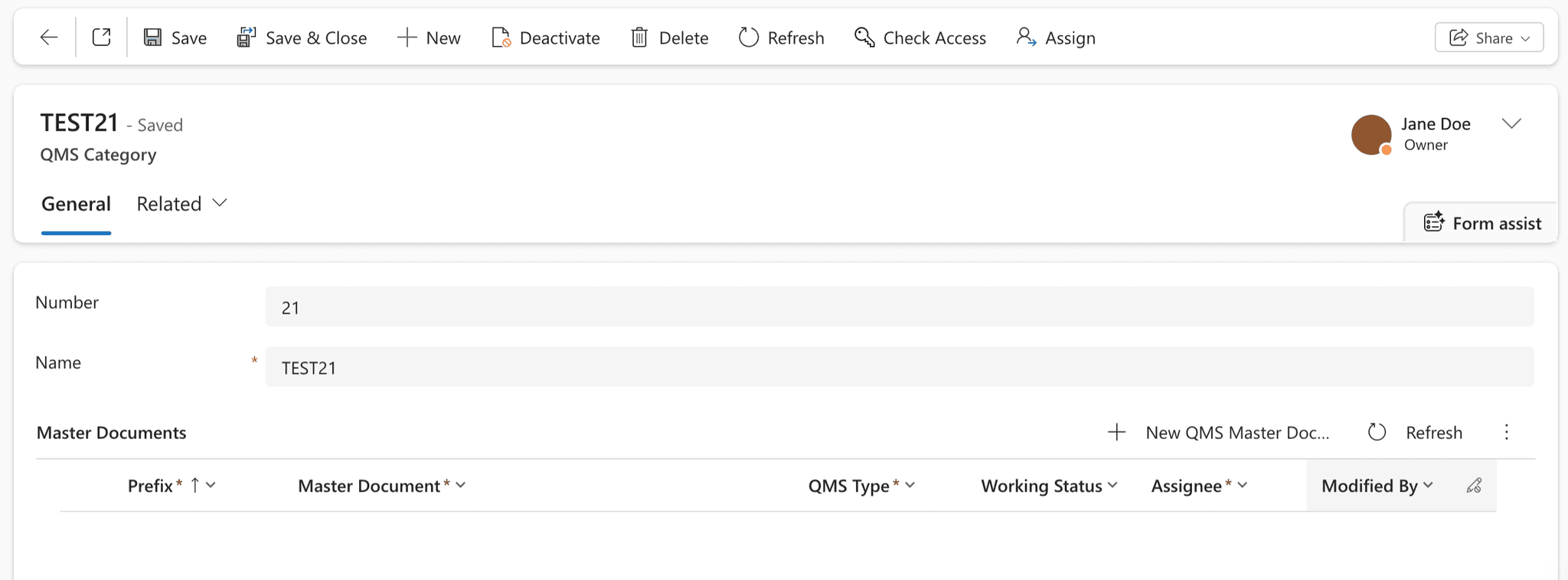 A saved QMS Category record showing its Master Documents area and Related tab, with the additional record commands available in the command bar.
