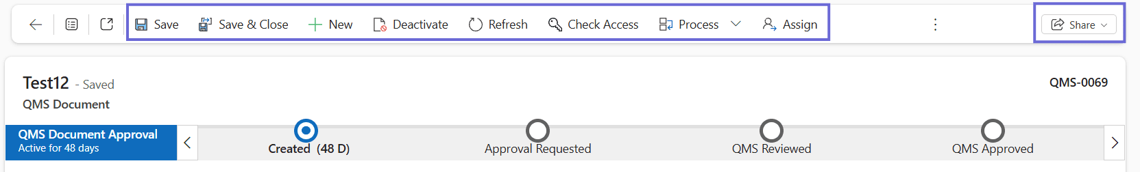 Command bar of a saved category record with Save, Deactivate, Delete and Check Access.