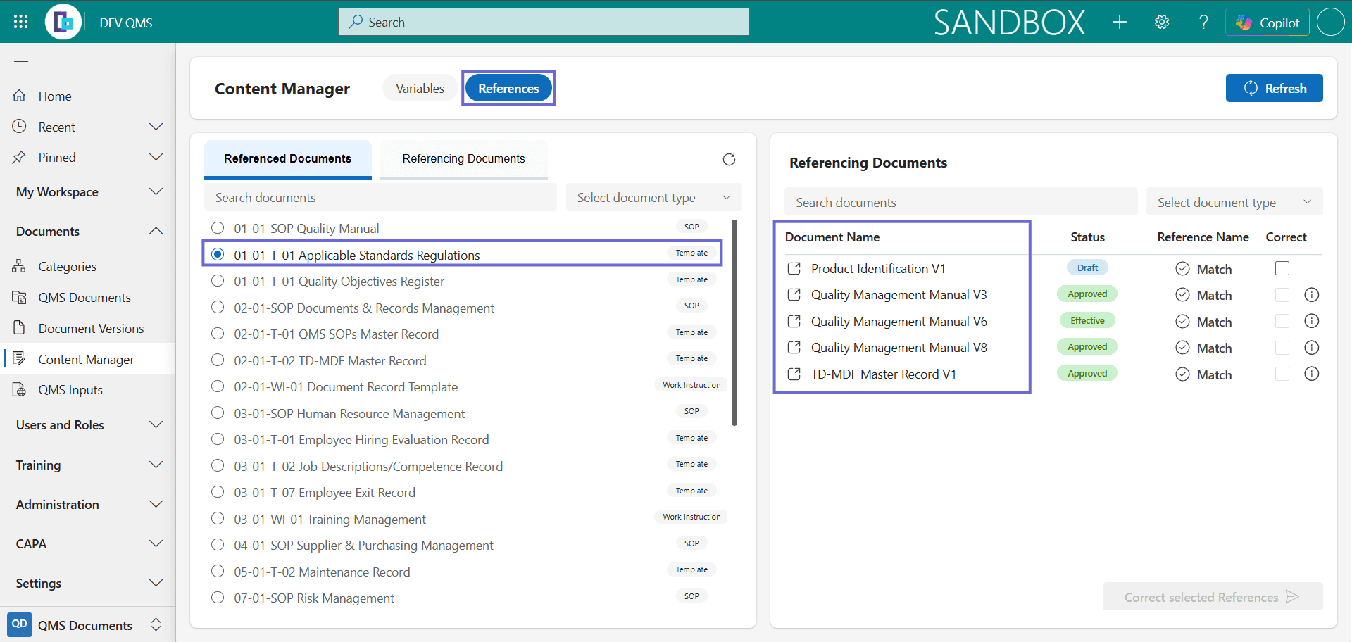 The Content Manager References view listing referenced and referencing documents.