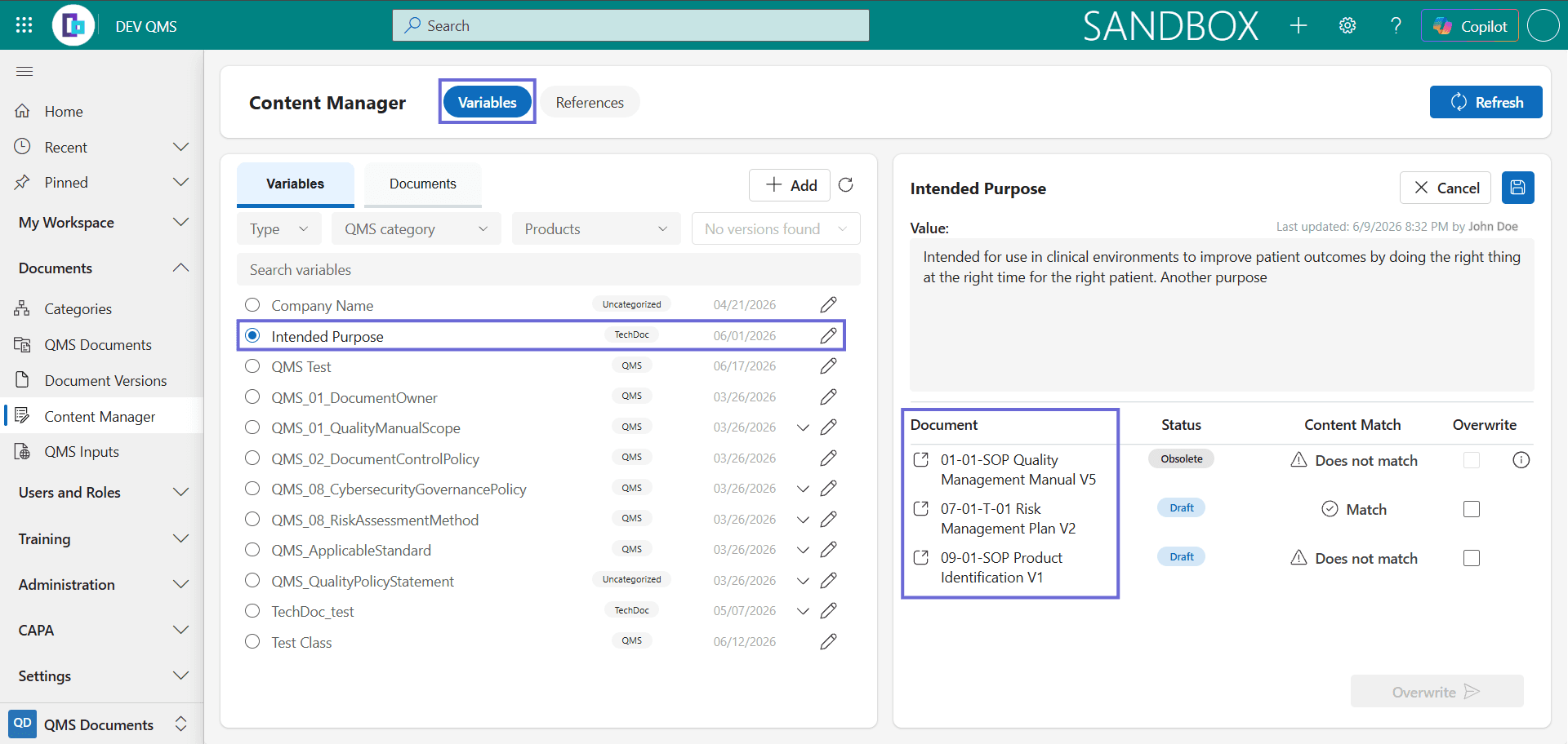 The web Content Manager, with a Variables and References toggle; the Variables view lists each variable with its type and last updated date and shows the documents that use a selected variable.