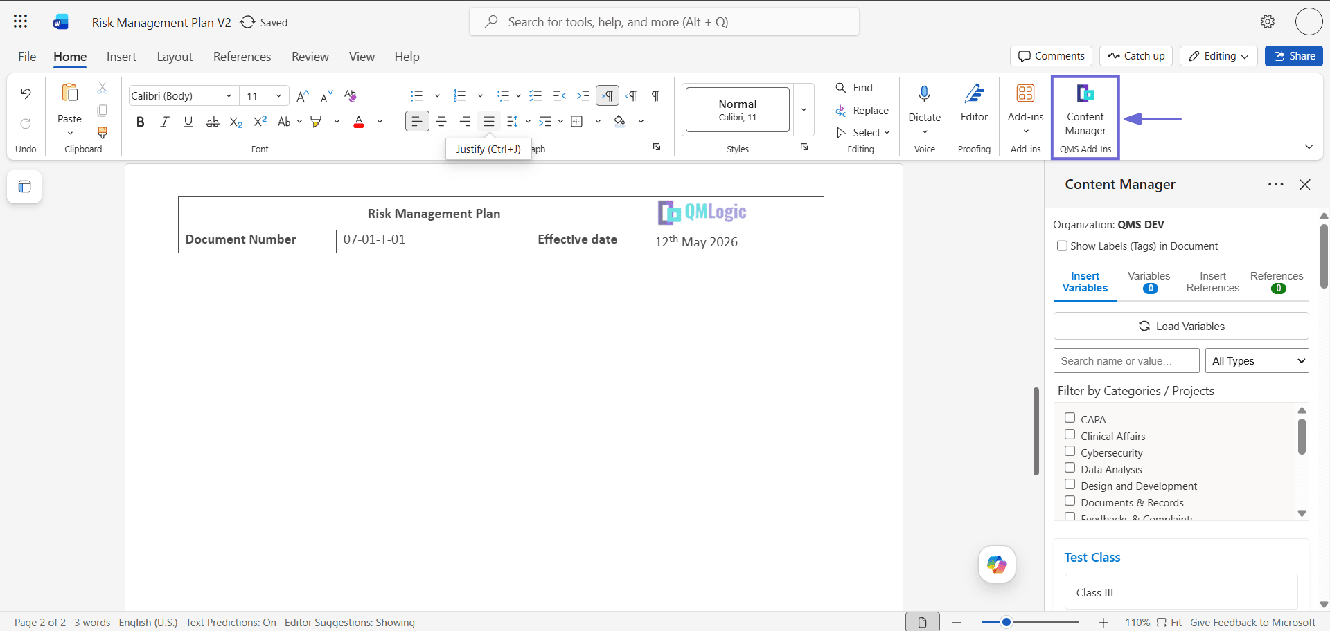 The Content Manager panel in Word showing options for inserting variables and references.