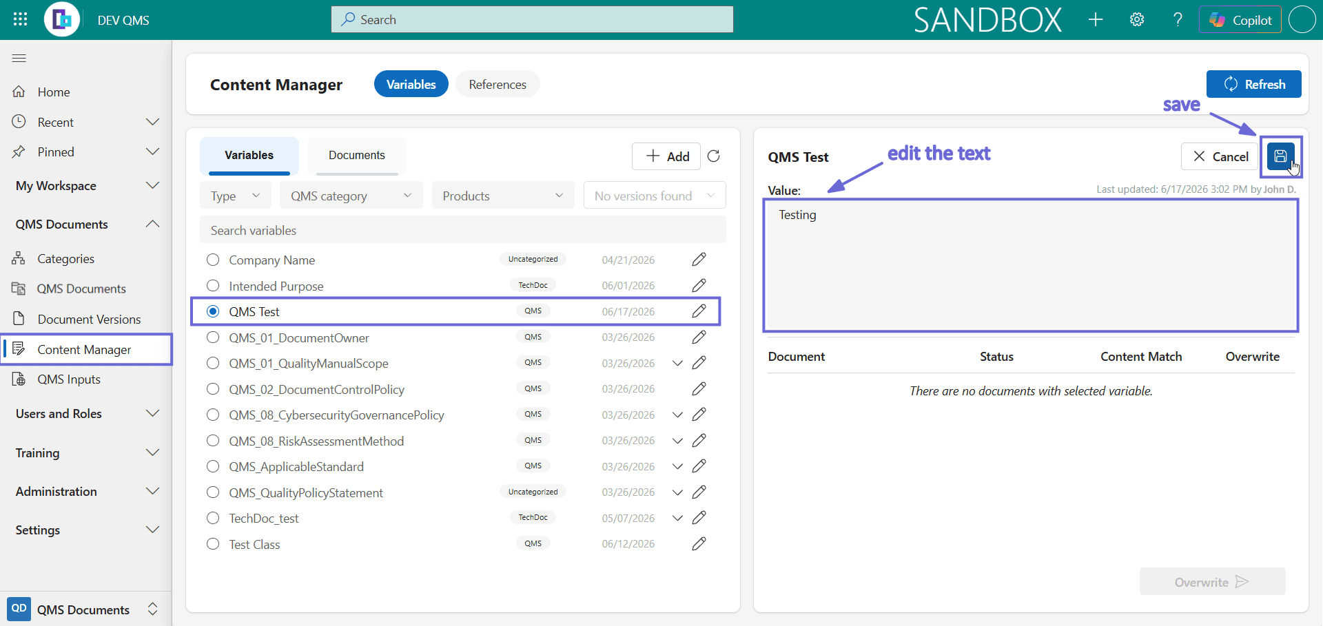 A variable open in the web Content Manager with its Value being edited, above a Save action.