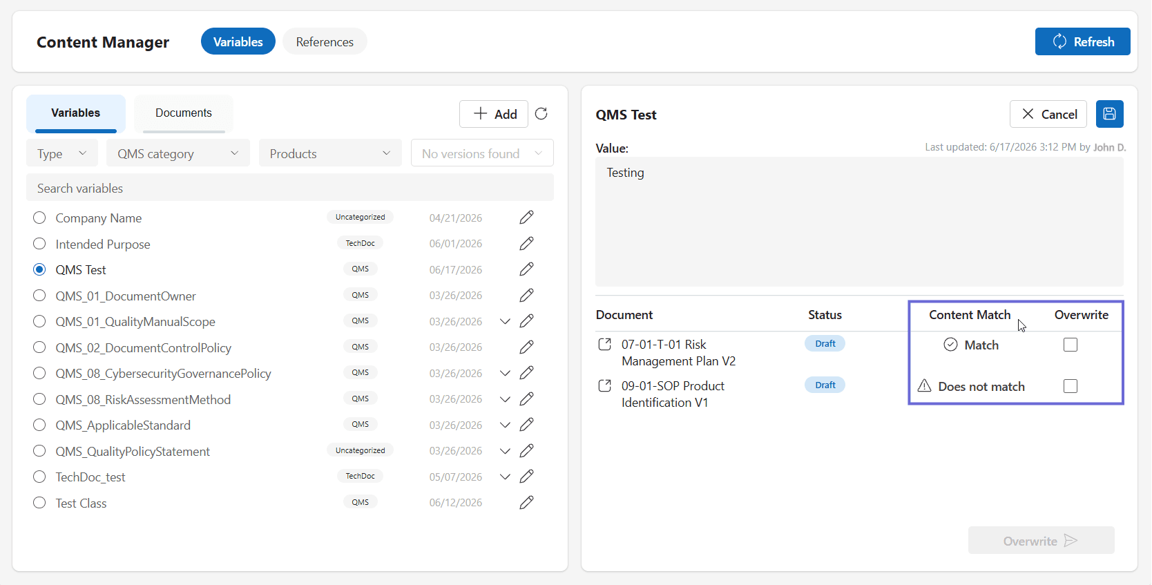 The documents that use a variable listed with their Status and a Content Match indicator reading Match or Does not match, each with an Overwrite action to push the updated value.