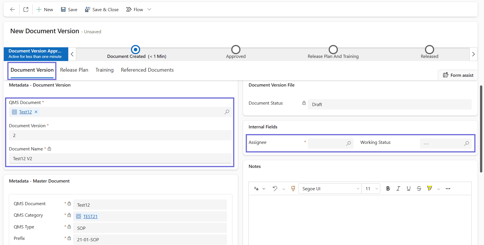 The New Document Version form on its Document Version tab, with the QMS Document, Document Version, Document Name and Assignee fields, the tabs Document Version, Release Plan, Training and Referenced Documents, and a progress bar showing the stages Document Created, Approved, Release Plan And Training and Released.