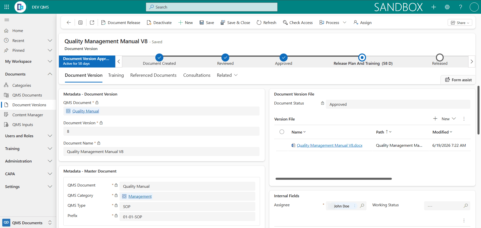 A document version open on its Document Version tab, showing the automatically generated and locked Name, the read only Document Status and Review Status, the inherited Master Document fields, and the Document Version File panel holding the Version File list.