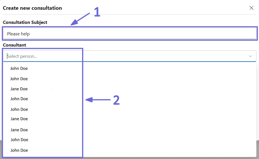 The Create new consultation form with the Select person list open, showing the people who can be named as consultant.