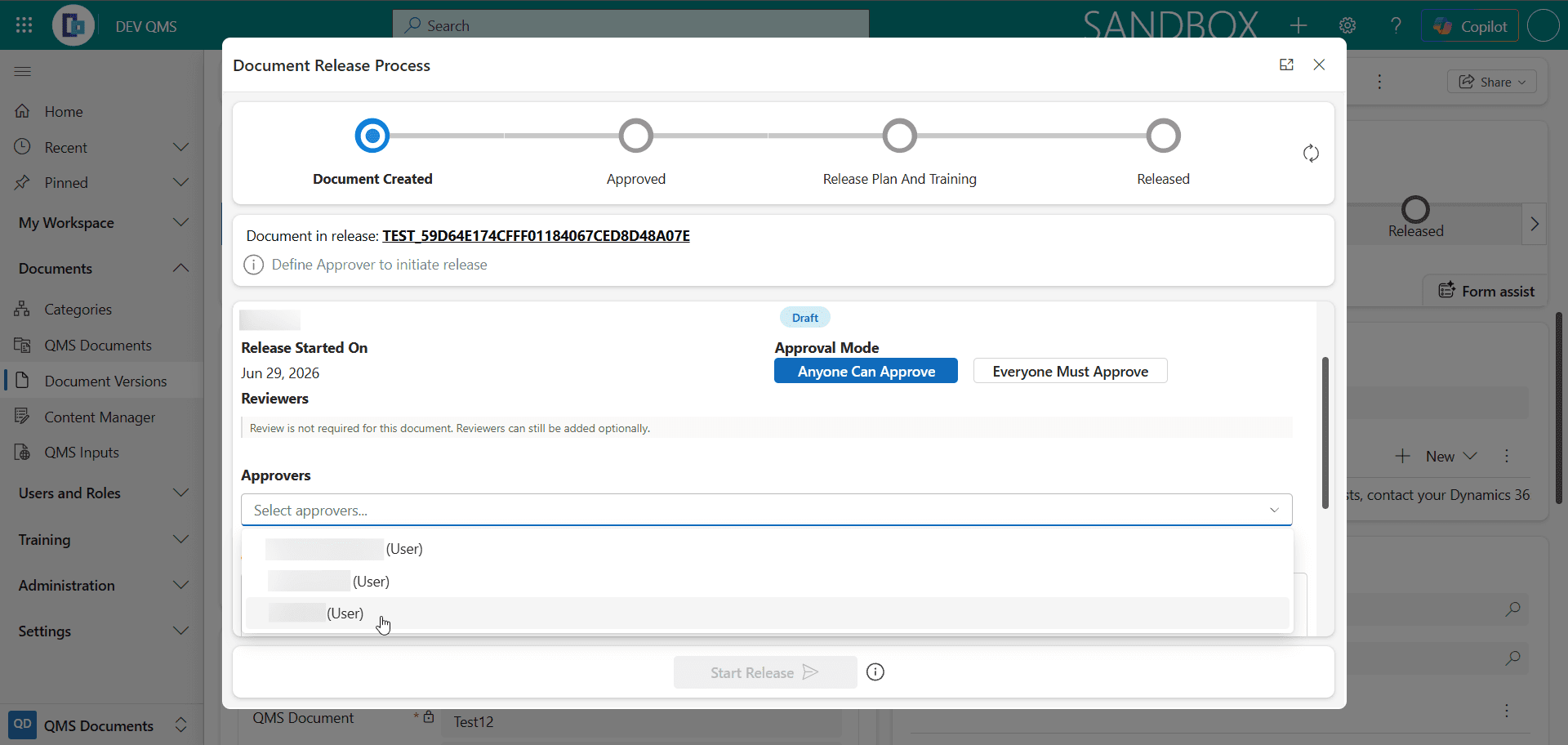 Selecting approvers from the Approvers dropdown in the Document Release Process