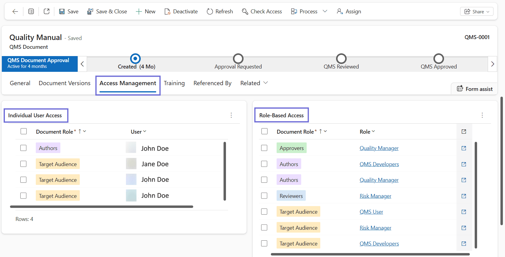The Access Management tab of a master document, showing the Individual User Access table with its Document Role and User columns above the Role-Based Access table with its Document Role and Role columns.