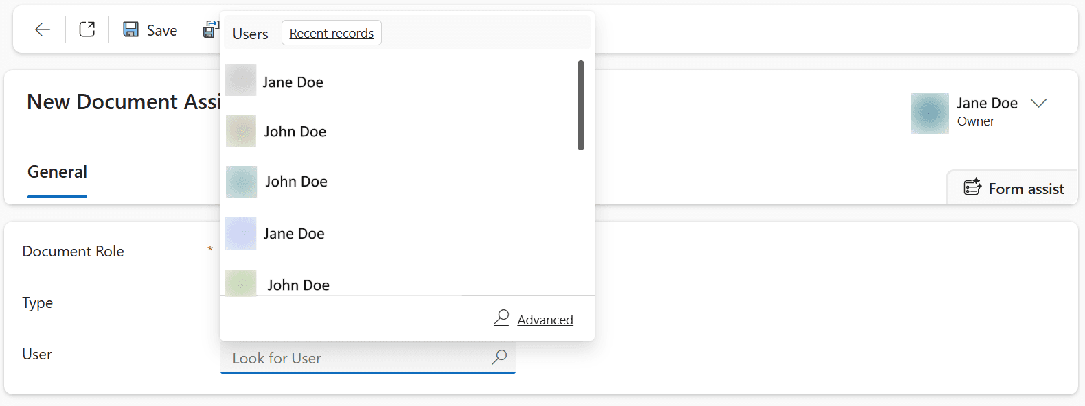 The New Document Assignment form with the Look for User lookup open, listing the people who can be assigned to the document role.