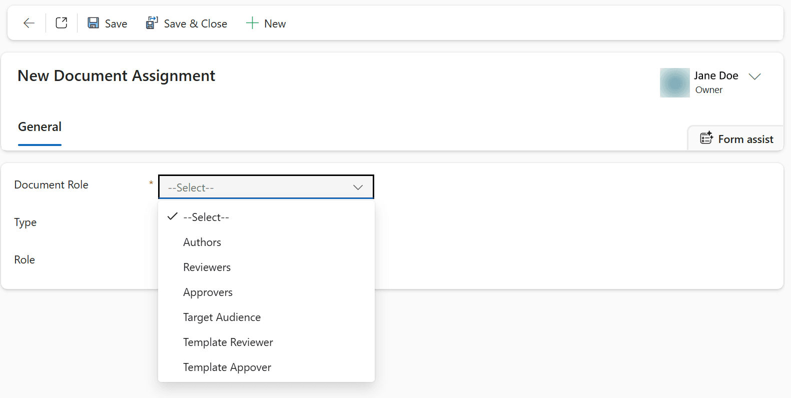 The New Document Assignment form with the Document Role field expanded, offering Authors, Reviewers, Approvers, Target Audience, Template Reviewer and Template Approver.