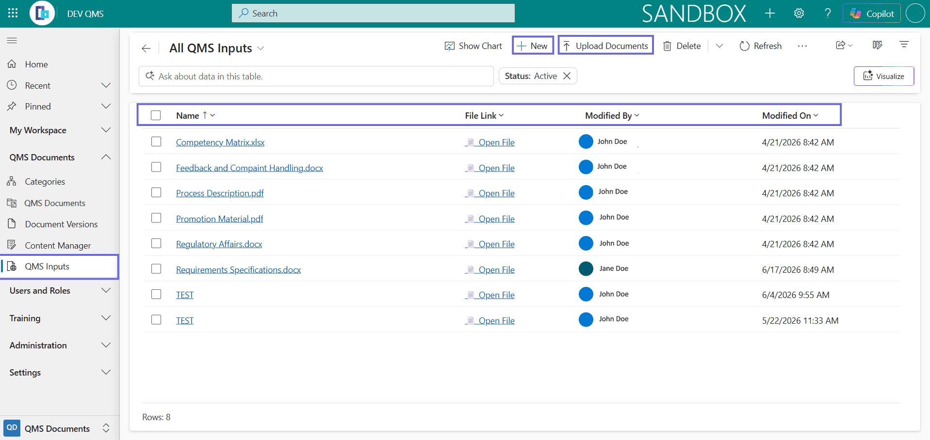 The All QMS Inputs list showing each input with its Name, a File Link labelled Open File, Modified By and Modified On, with New and Upload Documents commands.