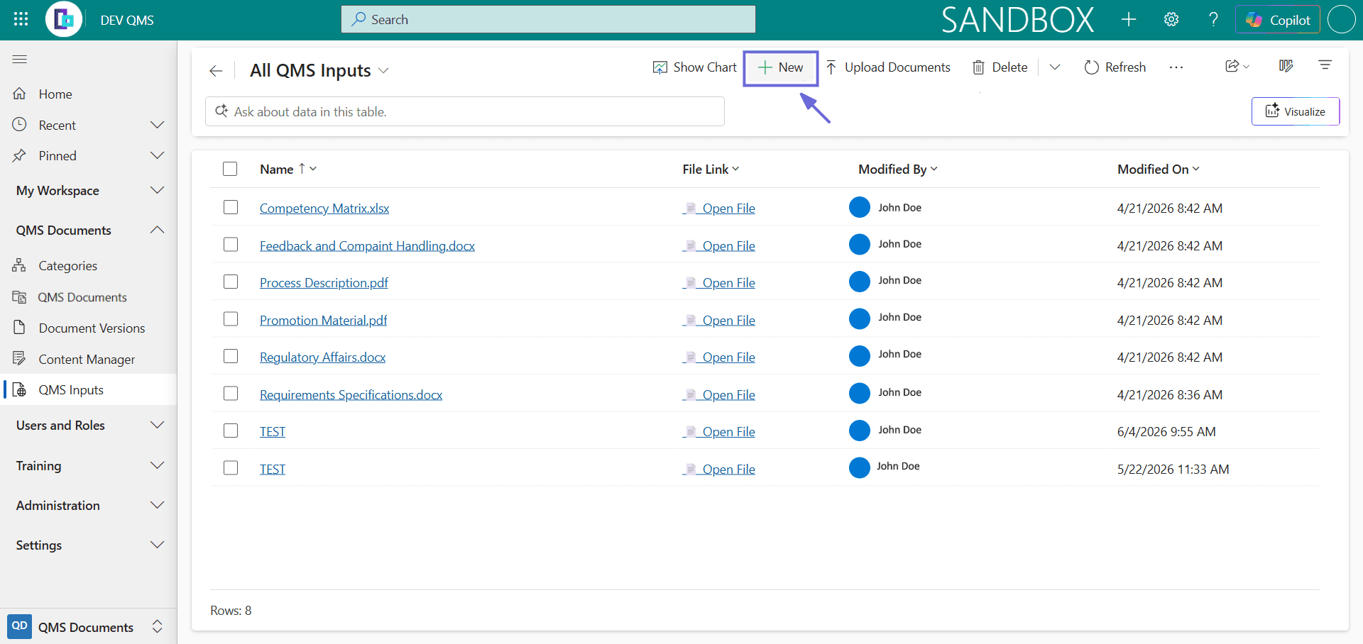 The QMS Inputs navigation with the New command for creating an input.