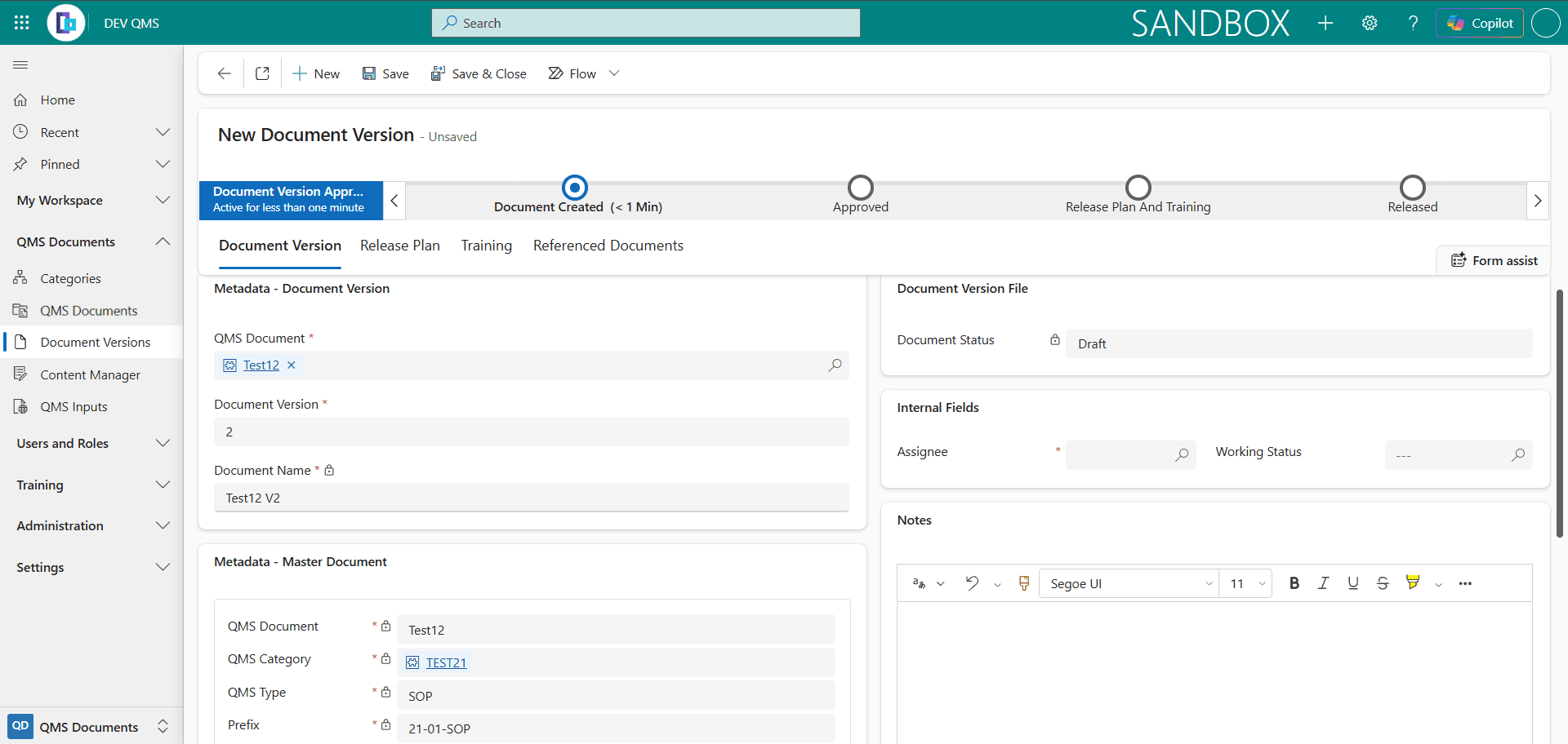 Formular New Document Version zum Erstellen einer Version