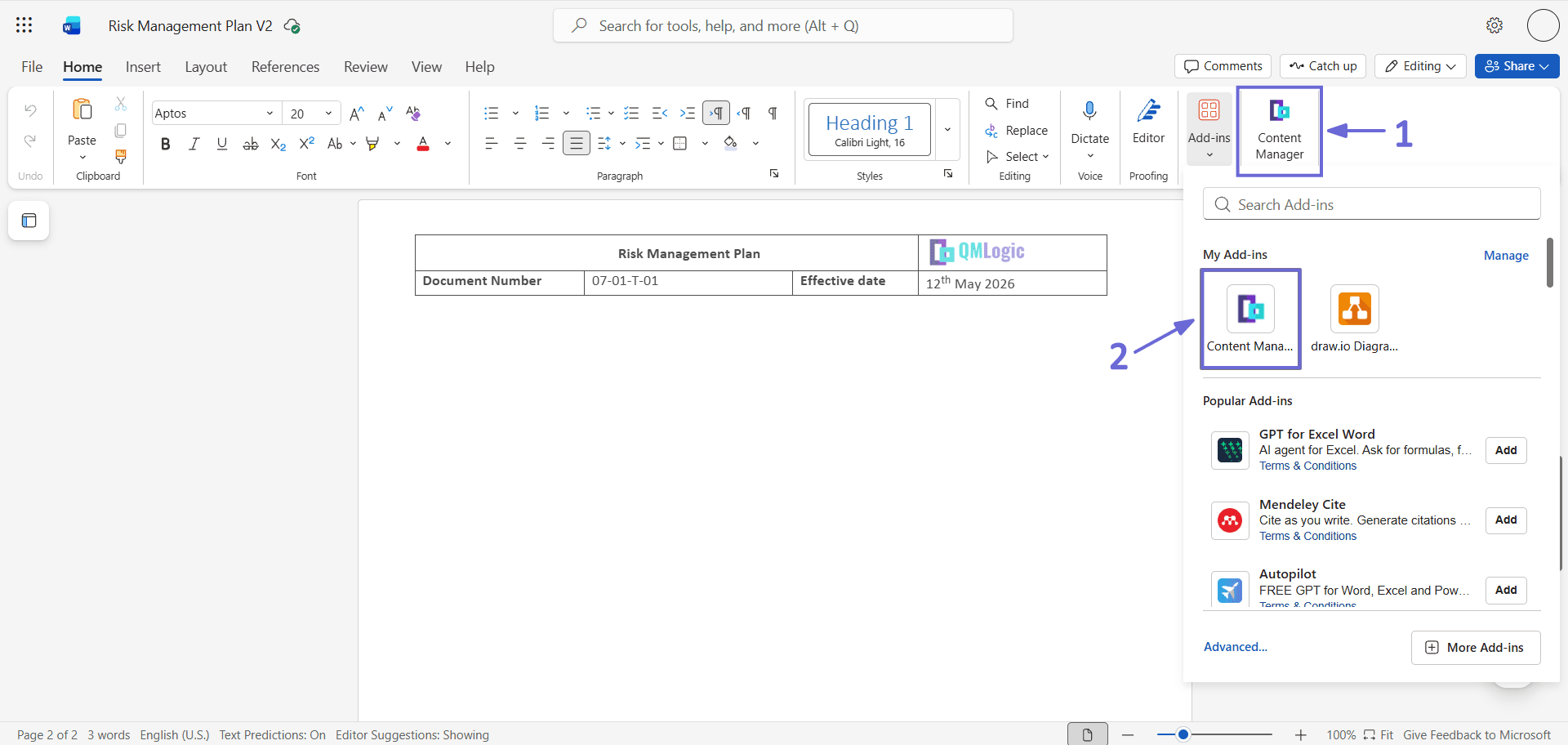 Add-in Content Manager über das Menüband in Word geöffnet.