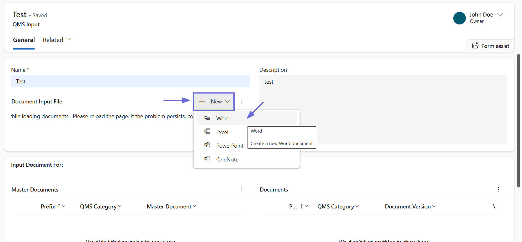 Menü New zum Anlegen einer Word-, Excel-, PowerPoint- oder OneNote-Datei.