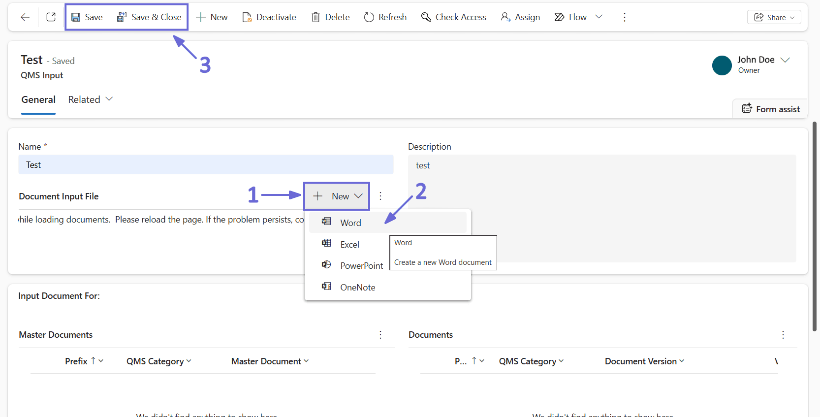 Das Menü New für ein QMS Input mit den Dateitypen Word, Excel, PowerPoint und OneNote.