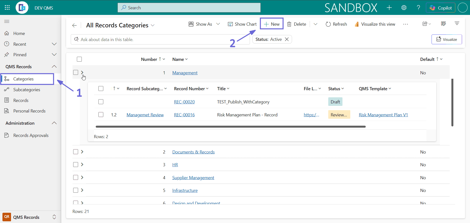 The All Records Categories list with the + New button on the toolbar, used to open the form for creating a new Record Category.