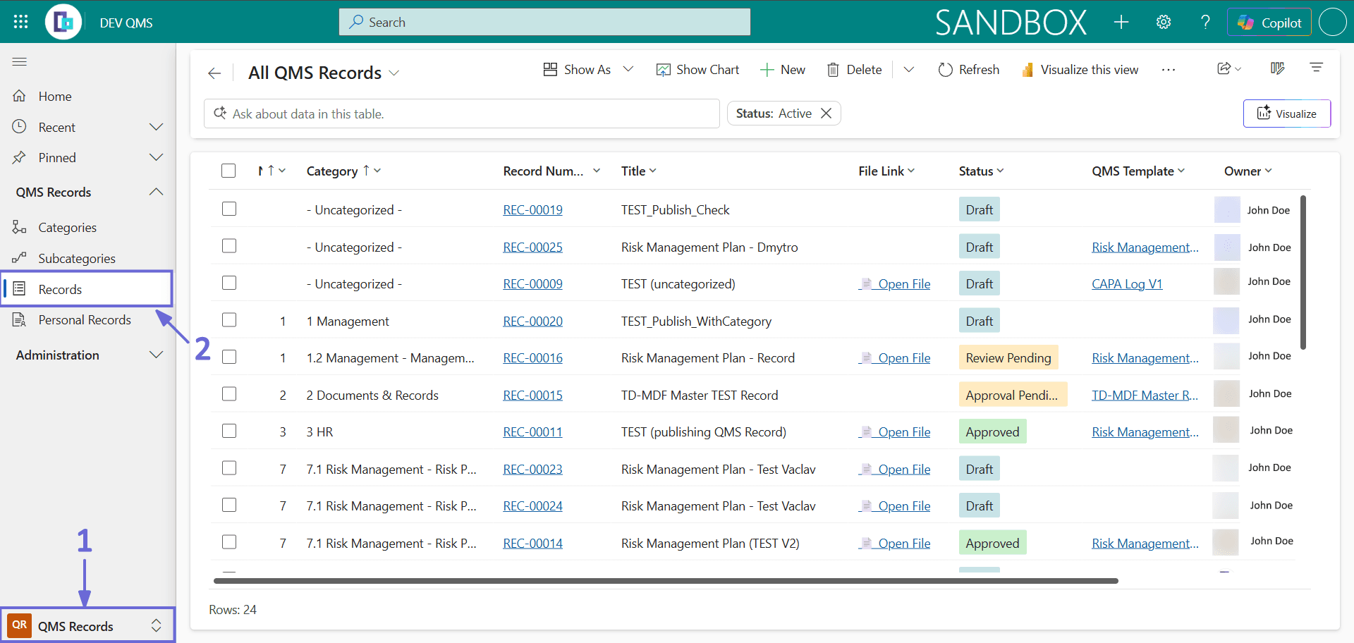 The All QMS Records list showing quality records together with their current status and the QMS Template from which each record was created.