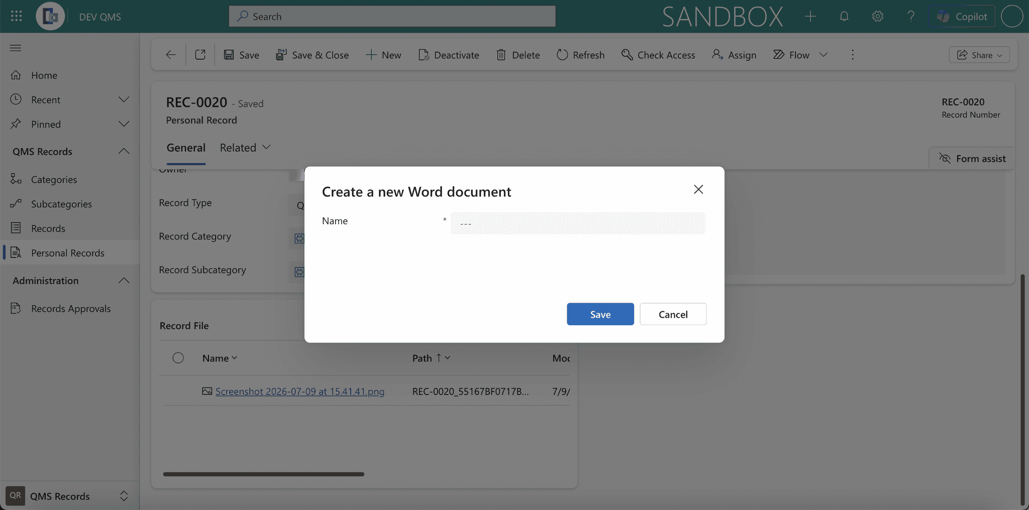 The dialog for naming and creating a new Word document in the record.