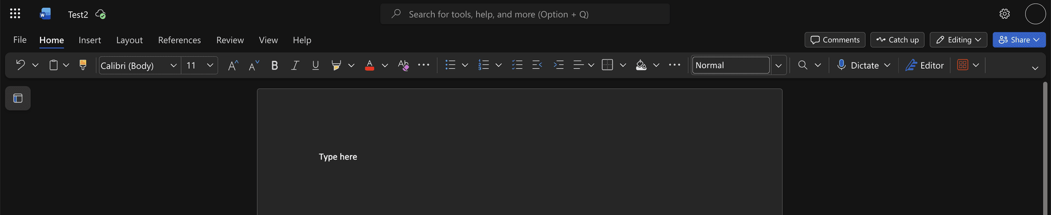 A newly created document open in Office online, ready to edit.